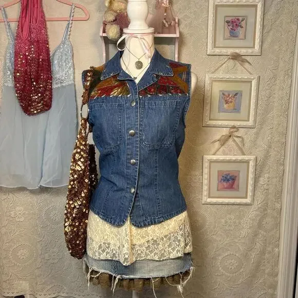 vintage denim embroidered button up vest - Picture 1 of 5